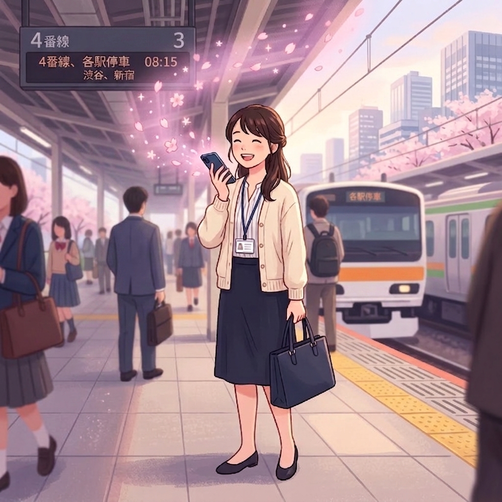 通勤中の駅のホームで、スマートフォンに向かって話しかける女性。桜の花びらのような演出でメモが浮かび上がる様子