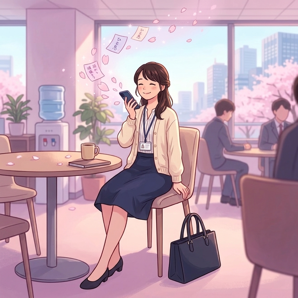 オフィスの休憩スペースでスマホに話しかける女性。メモの付箋が浮かんでいる